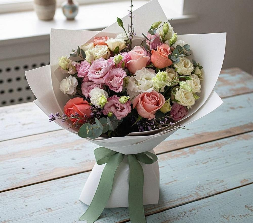 Букет цветов из: Розы, Лизиантусы и Гвоздики в Барда