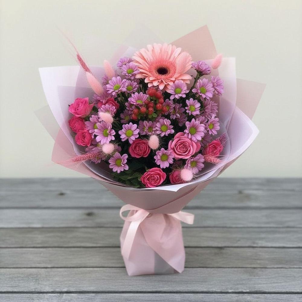 Букет цветов из: Розы, Герберы и Хризантемы в Барда