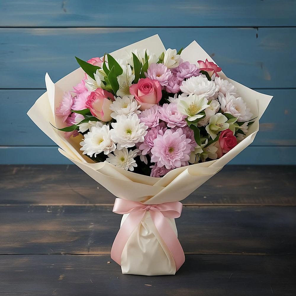 Букет цветов из: Хризантемы, Альстромерии и Розы в Барда